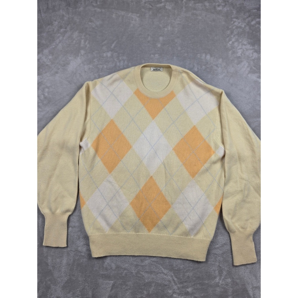 Ben Silver Hawick Cashmere Sweater Men XL Yellow Argyle Crew Neck Scotland *Read
